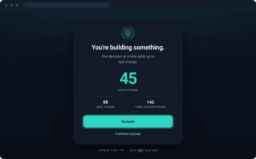 The same StreakGuard pause page in dark theme, reading You're building something above the streak.