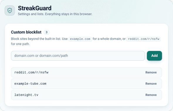 The StreakGuard settings page, showing a custom blocklist with three entries and a field for adding a domain or a single path.